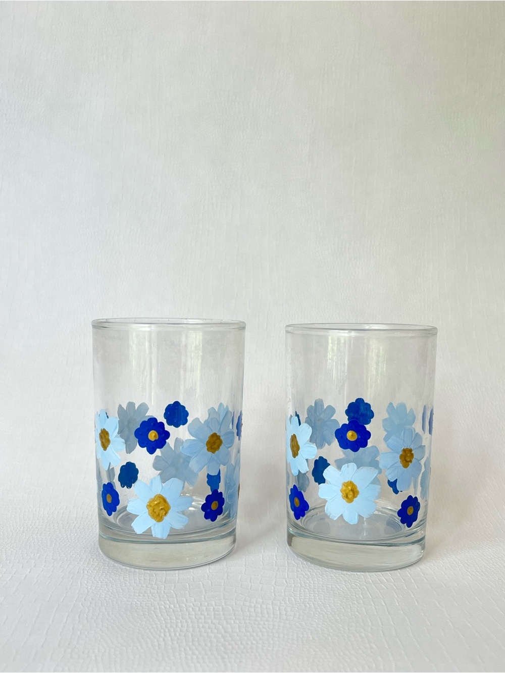 Floral Hand-painted Juice Glasses - Blue & Gold Flowers (Set of 2)
